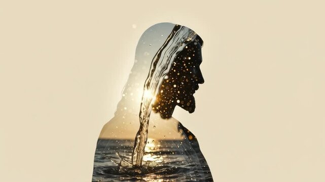 Jesus Christ silhouette with water pouring through. Holy spirit, living water, baptism concept. Christian religious background footage.