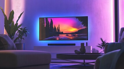 Modern ultra thin television screen mounted on a living room wall displaying a high definition nature scene with vibrant colors surrounded by sleek furniture and soft ambient lighting