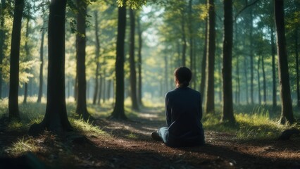 Fototapeta premium Person sits in a forest pathway
