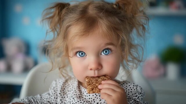 A girl in a highchair eats cookies, her face expresses surprise. Childhood, emotions, delicious food.