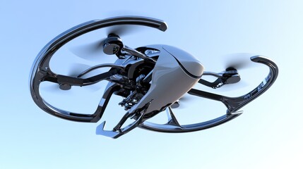 Futuristic drone in flight against a pale blue sky.  Sleek, metallic, and aerodynamic design with visible rotors and intricate frame.  A modern aerial vehicle