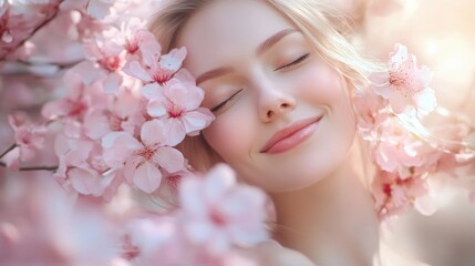 Fototapeta premium Blushing woman amidst cherry blossoms. Soft focus