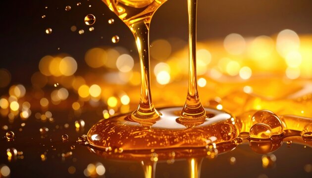 Golden viscous liquid dripping and forming bubbles with soft blurred lights background honey syrup golden syrup