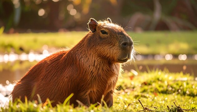 Capybara in sunlight, sits in grassy area by water