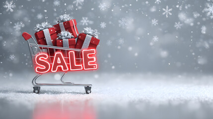 Winter shopping sale cart with gifts