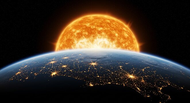 Earth and sun from space night city lights dramatic view global network
