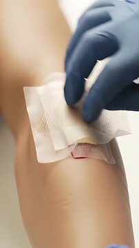 Close-up view of a hand carefully applying a hydrocolloid dressing to a simulated arm wound:  Detailed footage of wound care and medical bandage application.