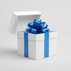 Opened white gift box with blue ribbon