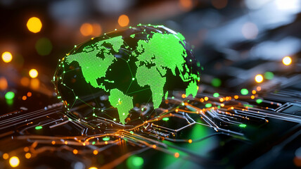 Glowing Digital Globe on Circuit Board A Futuristic Representation of Global Connectivity and Technological Advancement