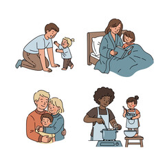 Diverse family activities depicted in a heartwarming cartoon style, ideal for illustrating family life, parenting guides, and children's educational materials