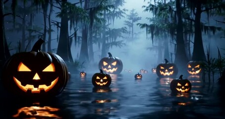 Spooky Halloween Pumpkins in a Misty Swamp at Night. - Powered by Adobe