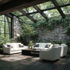 A sun-drenched indoor patio area features comfortable white sofas and armchairs arranged around a dark wooden coffee table, nestled amongst lush greenery and stone walls.