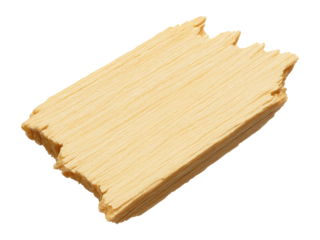 Flat wood chip with jagged edges and a pale yellow tint