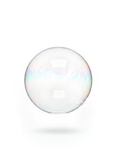 Iridescent soap bubble floating isolated on white background