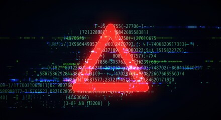Glowing red triangle with digital code background, cyber alert, warning sign for security breach