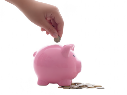 a hand placing coins into a pink piggy bank, jpeg, png, transparent