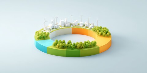 Concept of Circular Economy for Sustainable Future, Sustainable city model featuring renewable energy and green spaces in a circular design.