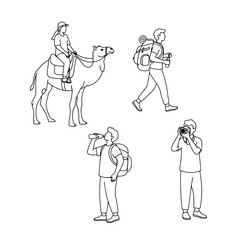 Outlined travel illustrations showcasing different activities, including camel riding, hiking, photography, and hydration, for use in travel guides, websites, and brochures.