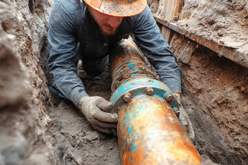 Water pipe repair work in progress during maintenance by utility workers