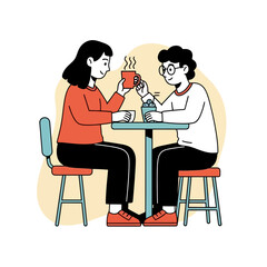 Minimalist illustration of two friends enjoying coffee and conversation at a cafe, perfect for illustrating social gatherings and everyday life scenarios.