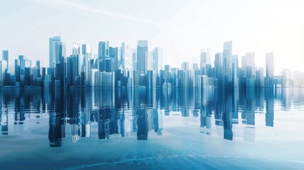 Abstract Minimalist Design of Modern Smart City: Transparent Glass Architecture with Water Surface Reflection, Blending Finance, Business & Digital Innovation for Future Urban Development