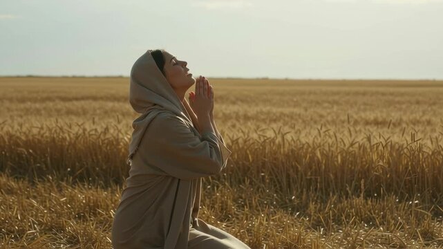 Woman in ancient clothing kneeling in wheat field, praying with hands clasped. Biblical old testament, new testament devotion footage.