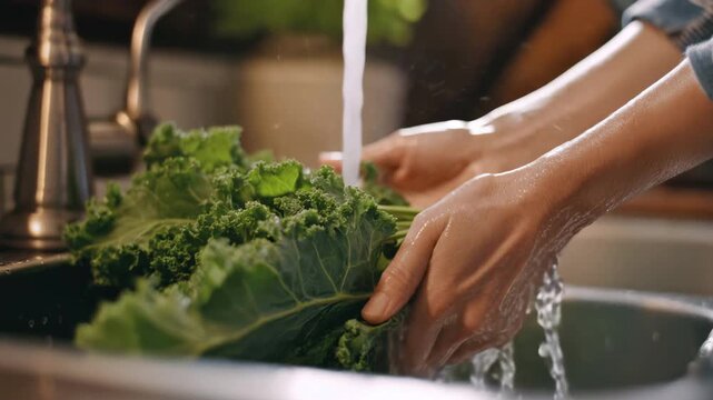 Person washes fresh green kale leaves under running water in kitchen sink. Hands clean leafy salad vegetables. Natural, freshness, hygiene, healthy eating. Food preparation, nutrition, organic living. - Powered by Adobe