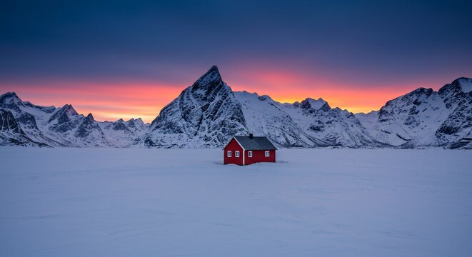 Red house winter landscape snowy mountains sunrise