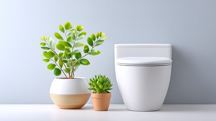 Modern white toilet next to decorative green houseplants in ceramic pots, minimalistic bathroom interior with soft natural lighting and clean light blue wall background