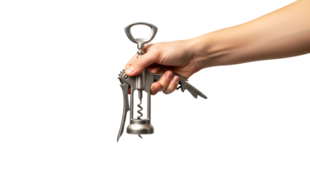 effortless elegance a hand offering a sleek, silver corkscrew for unforgettable moments, isolated on transparent background