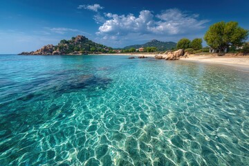 Fototapeta premium Crystal-clear turquoise sea, rocky shore, white sand