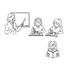 Educational illustration featuring a teacher instructing students in a classroom setting, ideal for showcasing educational resources and materials for children's learning.