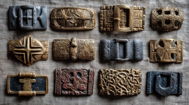 Medieval belt buckles and brooches made of brass and silver displayed on linen cloth artisan craftsmanship historic fashion collectible style