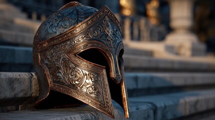 Close up of intricate Greek helmet with bronze patina resting on stone steps warm torchlight reflecting off metallic surface mythology warrior theme