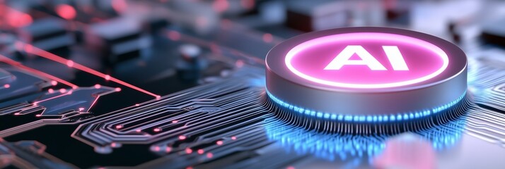 Futuristic ai circuitry with glowing ai button on microchip background