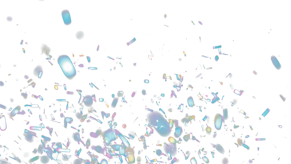 Falling confetti sparkles with prism light and rainbow shine. Realistic flares and leak effects add motion to the glowing background. Transparent PNG with glowing edges creates a dreamy visual. 
