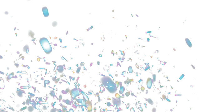 Falling confetti sparkles with prism light and rainbow shine. Realistic flares and leak effects add motion to the glowing background. Transparent PNG with glowing edges creates a dreamy visual.