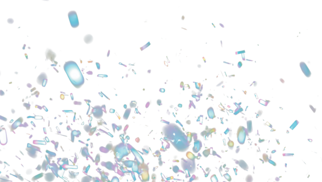 Falling confetti sparkles with prism light and rainbow shine. Realistic flares and leak effects add motion to the glowing background. Transparent PNG with glowing edges creates a dreamy visual. 