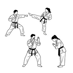 Minimalist line art depicting diverse karate poses for instructional purposes, martial arts training guides, and promoting physical fitness and self-defense techniques. © Moe