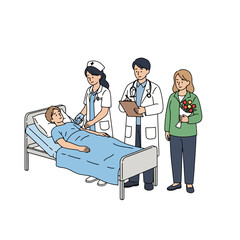 Medical consultation illustration featuring a patient in a hospital bed, attended by a nurse and a doctor, with a visitor bringing flowers, used for healthcare and medical contexts.