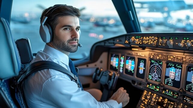 Commercial Airline Pilot in Cockpit Conducting Pre-Flight Checks for Safety and Flight Readiness - Powered by Adobe