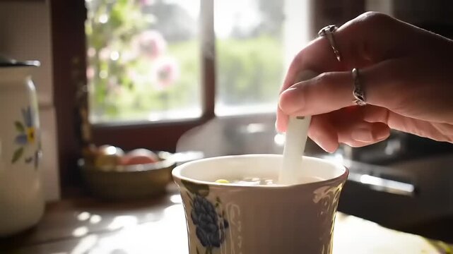 Woman stirring soup with sunlit kitchen.
