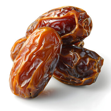 Premium studio shot showing A hyper realistic, high detail image of three fresh, dried Um Al Maadi Al Riyadh dates on a pure white background. The dates are medium, dark brown, soft, with fine, even w