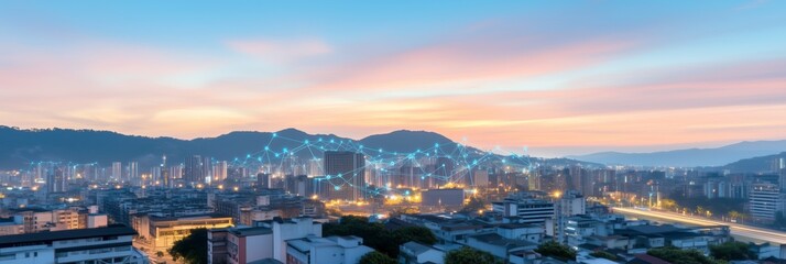 Fototapeta premium Smart city network at sunset with glowing connectivity over urban skyline