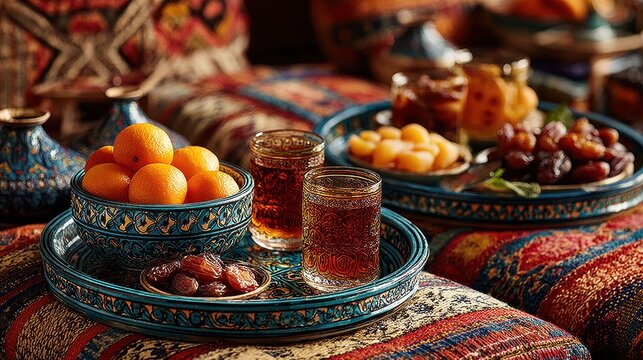 Moroccan family style setting with sellou trays dates and tea glasses colorful textiles warm hospitality food lifestyle concept
