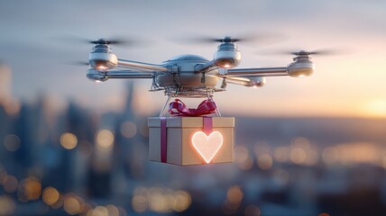 Heart-themed gift delivery by drone over urban sunset scene