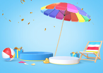 Summer two podium with 3D rendering colorful summer elements for product placement