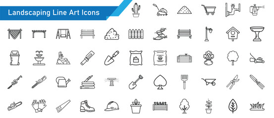 Landscaping Line Art Icons Bundle - 50 Gardening, Lawn Care, Outdoor Tools, Plants, Yard Maintenance Vector Icon Set