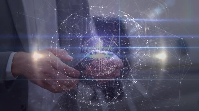 Animation of network of connections over businessmen using smartphone at the airport