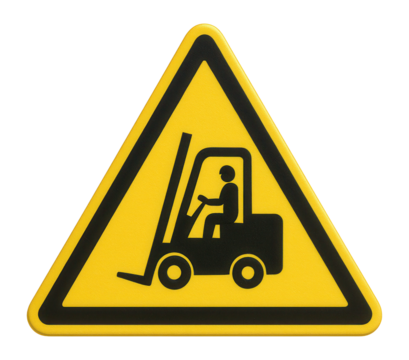 Yellow triangular forklift traffic warning sign with forklift icon